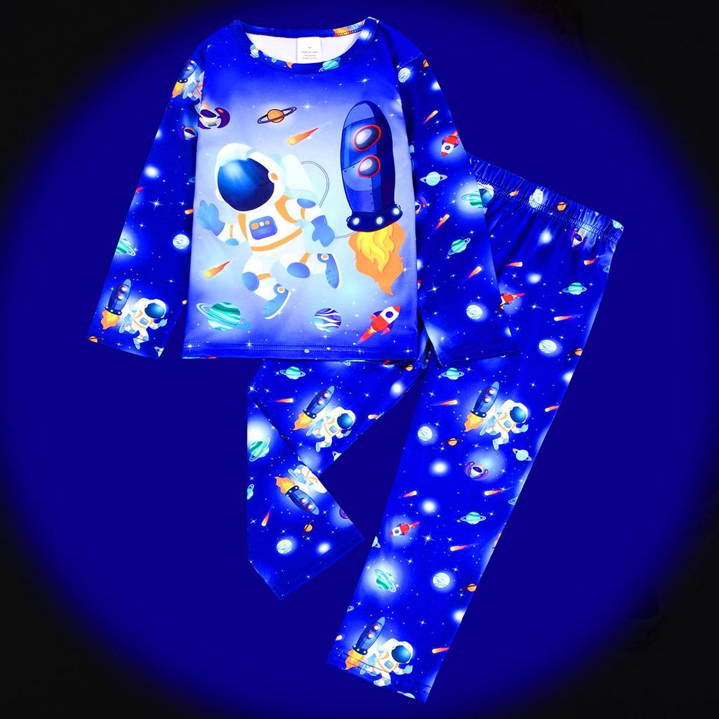 Flame-Retardant Milk Silk Kids' Dinosaur Pajama Set - Green Fluorescent, Long Sleeve & Pants