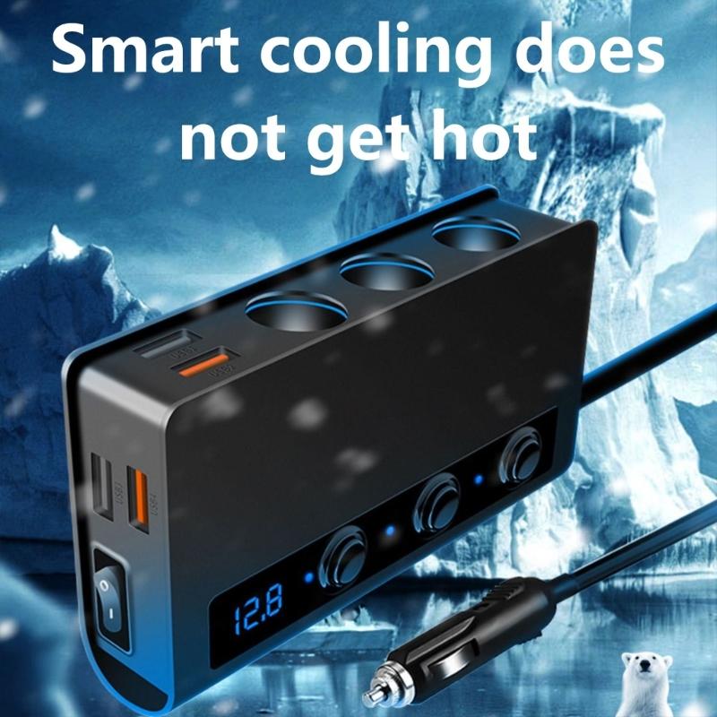 180W Car Charging Adapter Lighter Adapter Splitter Adapter USB Charger with Independent Switches and Voltmeter