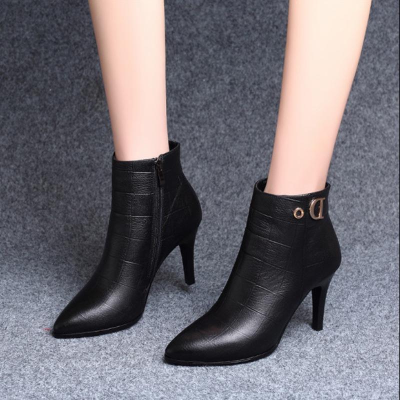 Heeled Pointed Toe Leather Female Short Shoes Autumn Winter Black Warm Women's Ankle Boots High Quality Y2k Goth Booties Sale