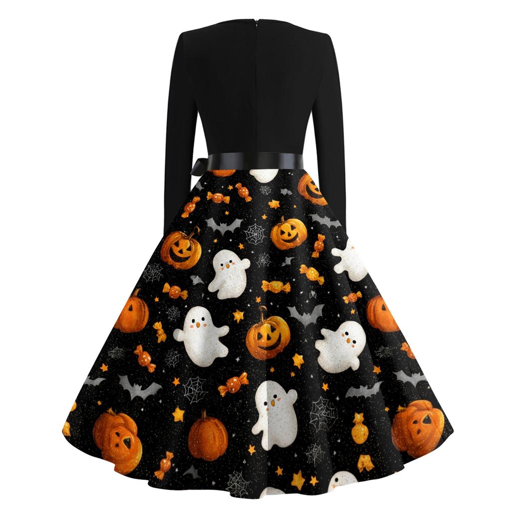 Women's Vintage Halloween Print Round Neck Casual Dress for Everyday Wear