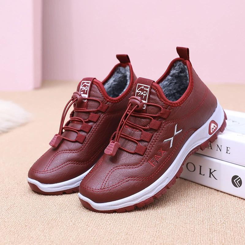 Autumn Winter Women's Cotton Shoes Leather Waterproof Cotton Shoes Plus Velvet Thickened Walking Shoes Non-slip Warm Women's Cotton Boots