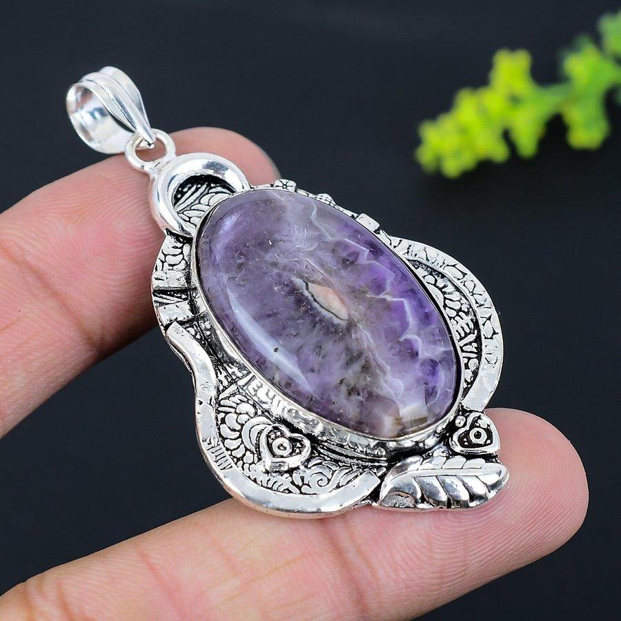 Natural Chevron Amethyst Gemstone 925 Sterling Silver Pendant 2.60" b6I57