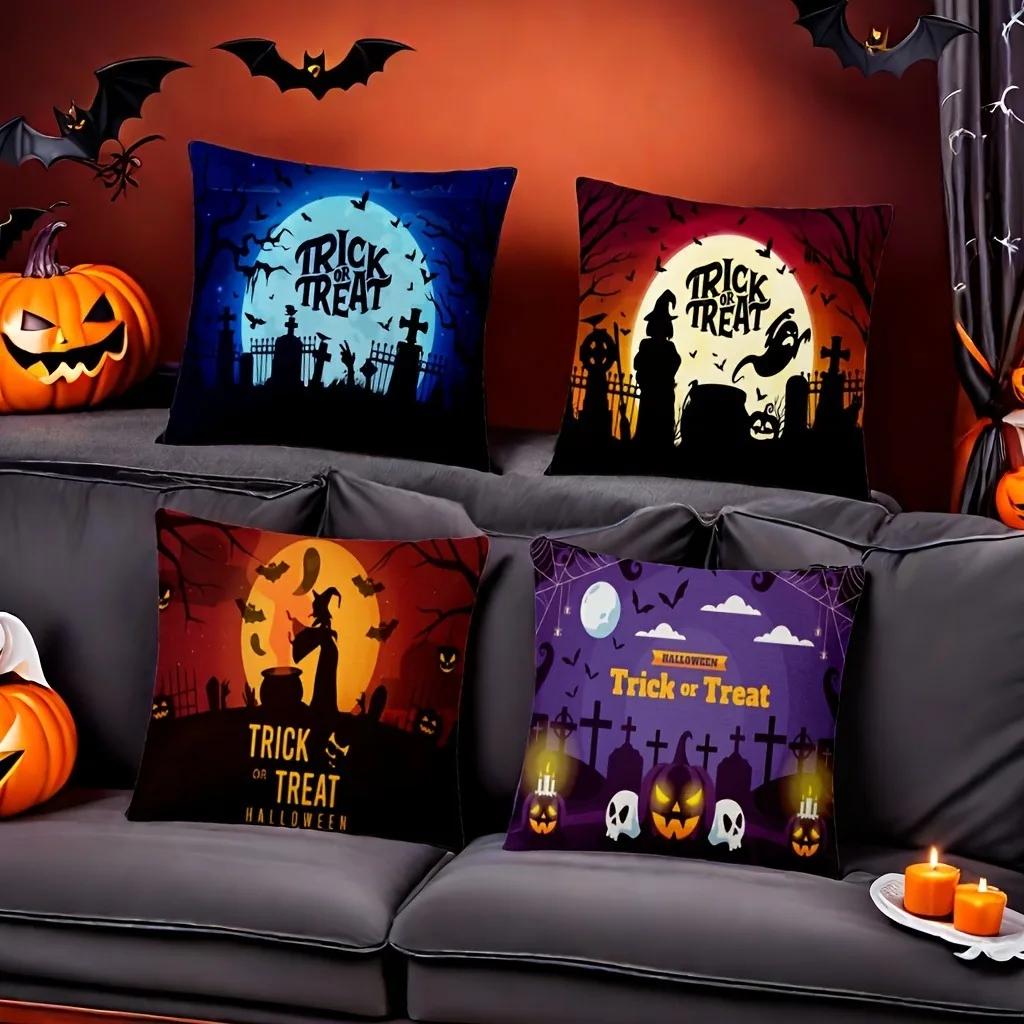 Spooky Halloween Trick Or Treat Pillow Covers For Haunted Home Decor Sofa Cushion Cover Holiday Party Decoration Gift