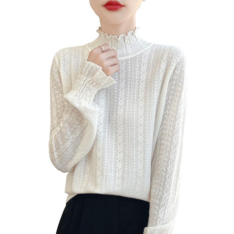 Spring Wool Women's Knitwear High Neck Fashion Pullover Top Bottom  Sweater