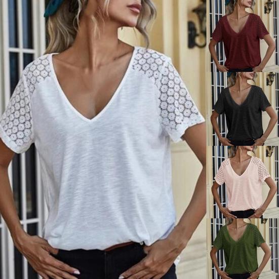 

Женская блузка с кружевом и V-образным вырезом, однотонная футболка с коротким рукавом для свиданий