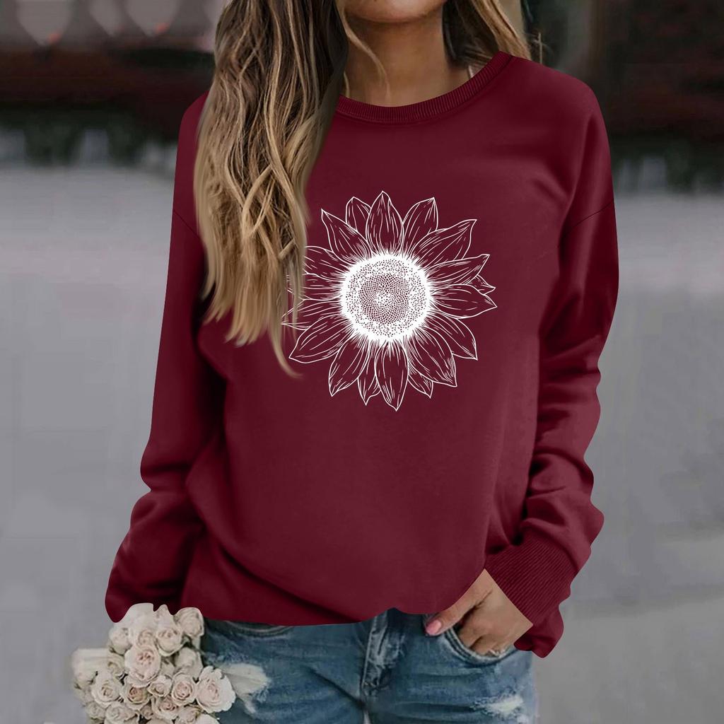 Sweat-shirt décontracté à manches longues et col rond pour femme, couleur unie, imprimé