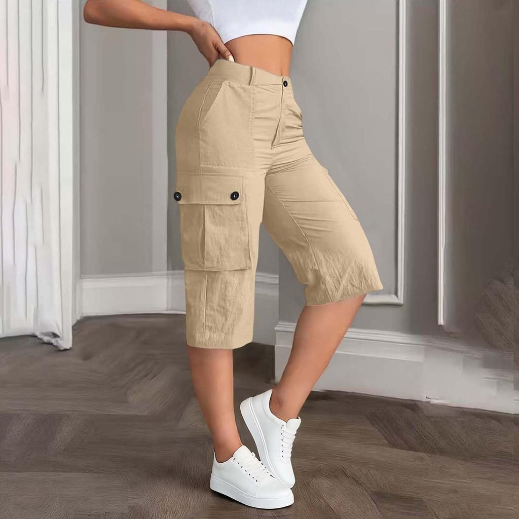 Damen Mid-Waist Relaxed Fit Cargo-Shorts mit elastischem Bund hinten, Knopf- und Reißverschluss, Mehrere Taschen