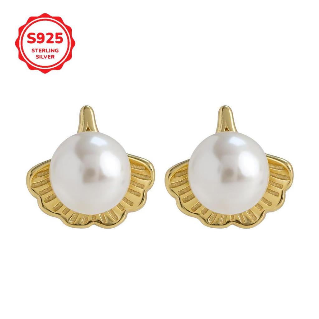 Korean Style S925 Sterling Silver Ginkgo Leaf Crystal Pearl Stud Earrings
