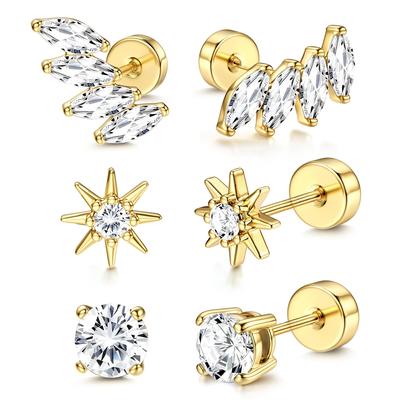 2-6 Pcs 20G Stainless Steel Hypoallergenic Flat Back Stud Earrings Tiny CZ Cartilage Tragus Helix Piercing Jewelry Set