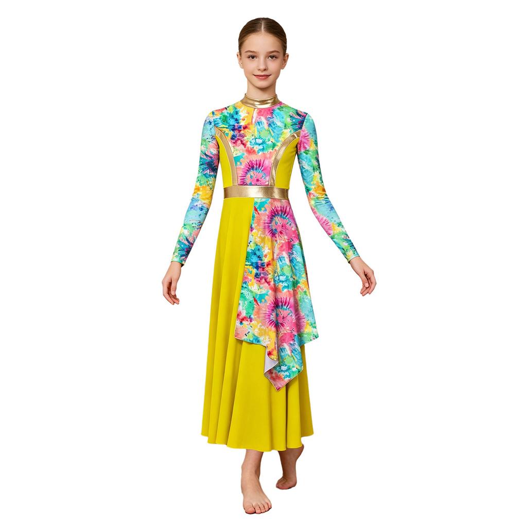 Kids Praise Dance Costume Mock Neck Long Sleeve Printed Asymmetrical Drape Hem Back Zipper Dress for Liturgical Worship Performance