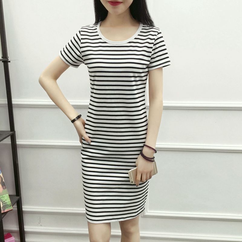 Ladies Mid-length Stripe Round Neck Slim Base Short Sleeve Loose and Casual Easy To Dry and Absorb Sweat Dress
