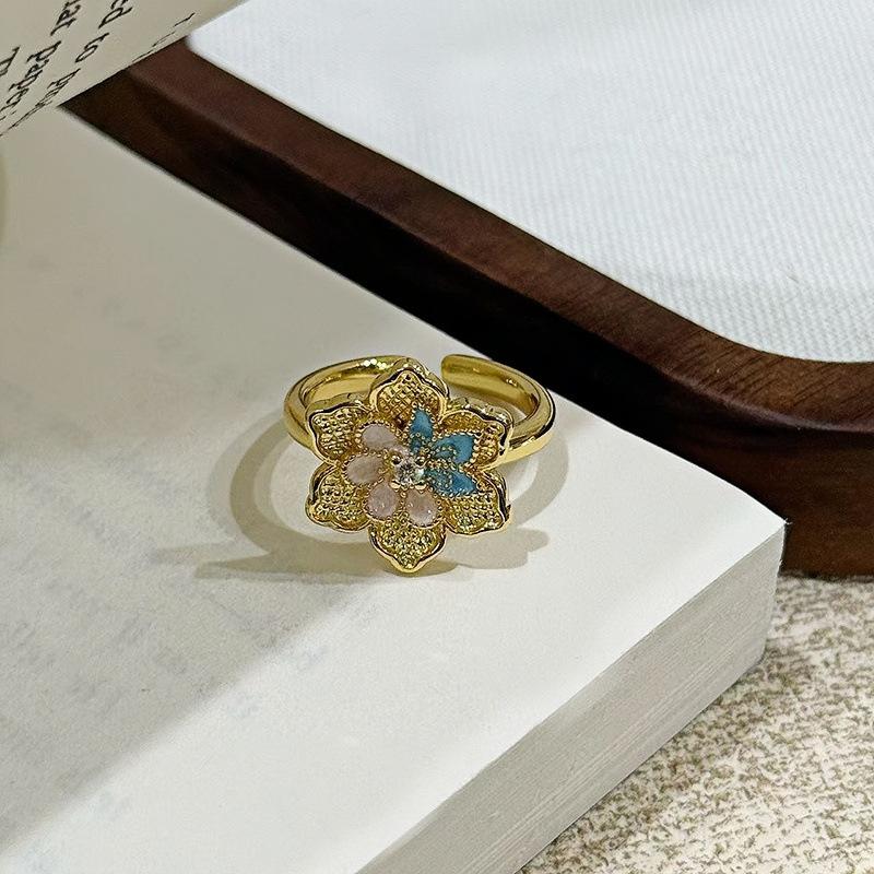 New Retro Flower Enamel Dripping Open Ring Temperament Light Luxury High Sense Niche Ring French Adjustable opening