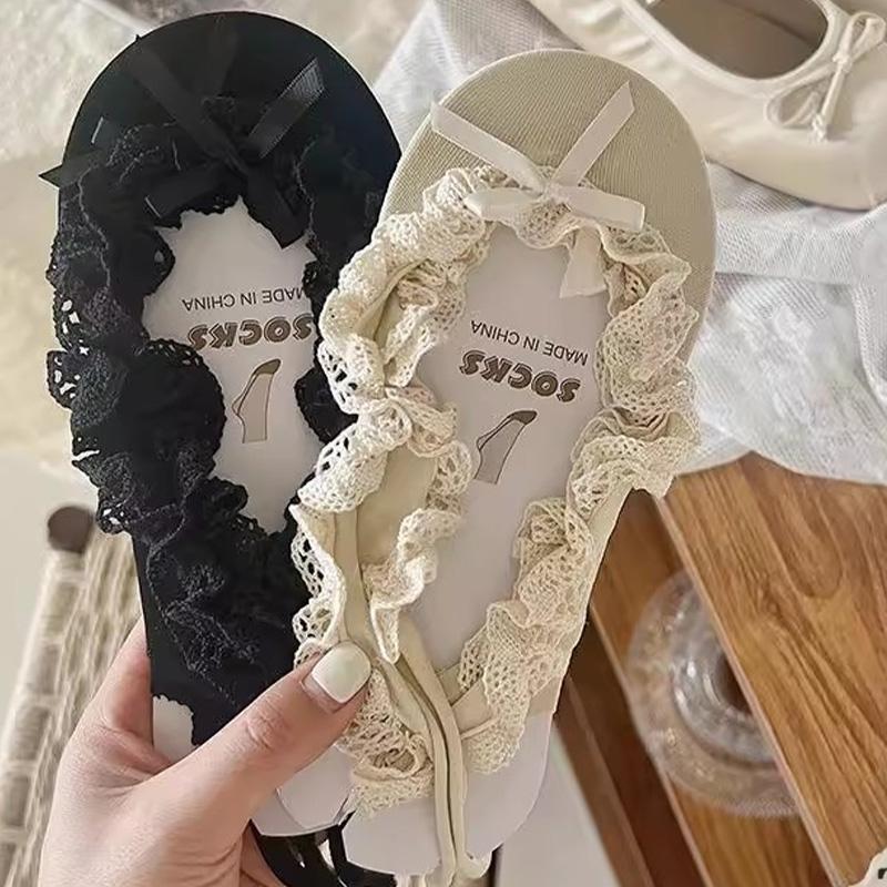 New Ballet Style Women Lace Tied Bow Short Socks Black White Tie Straps Boat Sock Bowknot Female Girl Lolita Fashion Dance Socks