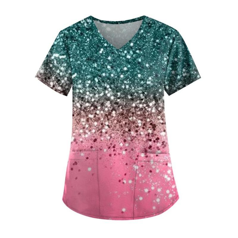 Casual Nurse Uniform Print Women Short Sleeve Tops V-neck Blouse Shirt Pocket Beauty Care Scrub Uniforms Enfermera Mujer 2023