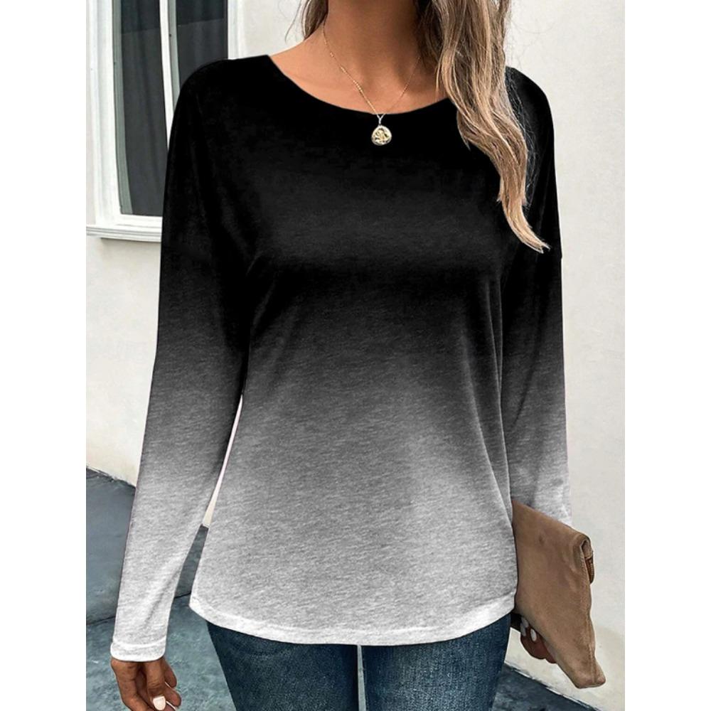 Tops for Women Ombre Print Round Neck Long Sleeve T-shirt Fall Casual Slim Pullover Women's Long Sleeve Top