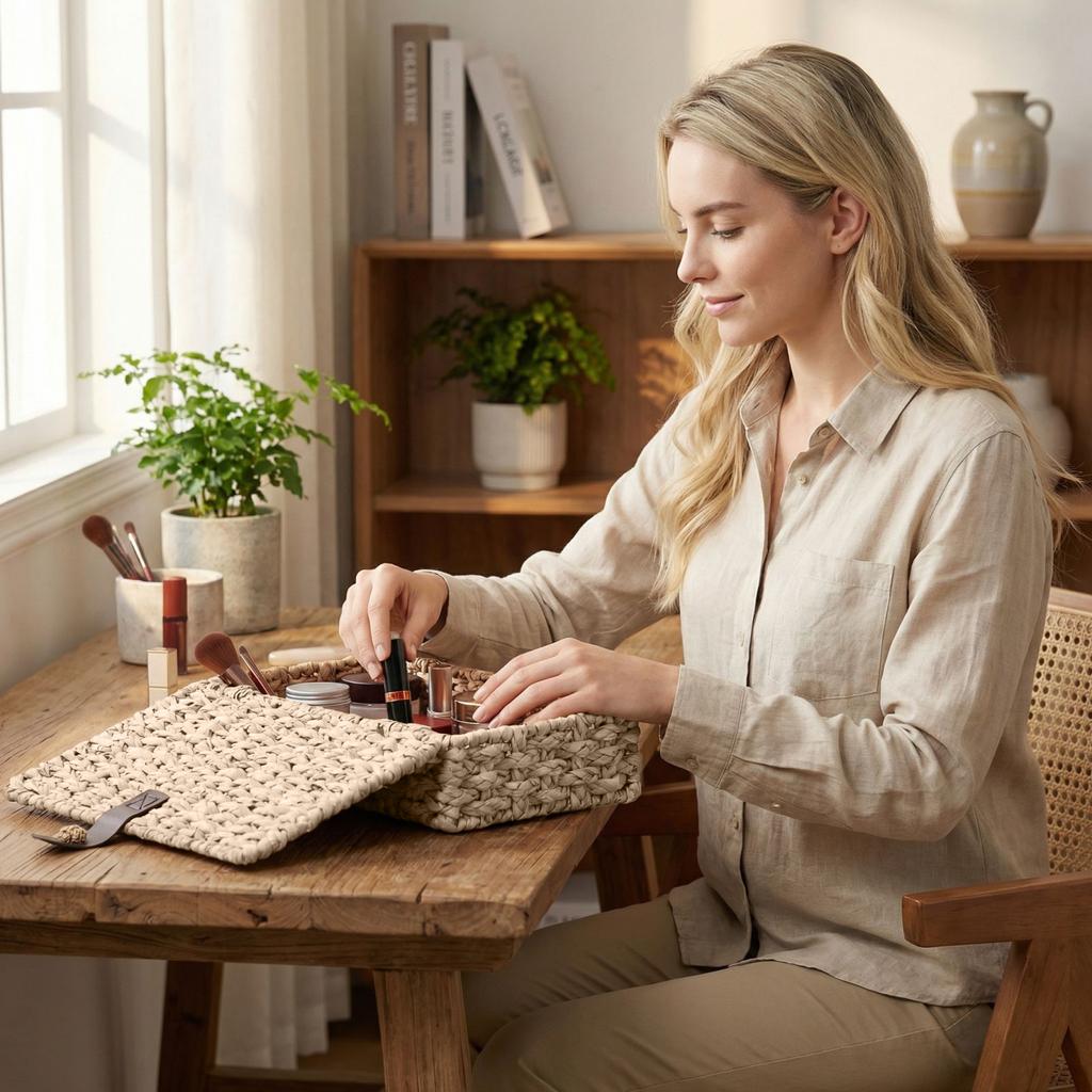 Woven Desktop Storage Basket with Lid Woven Organizer for Small Items Snacks Makeup Storage Box Braided Storage Basket