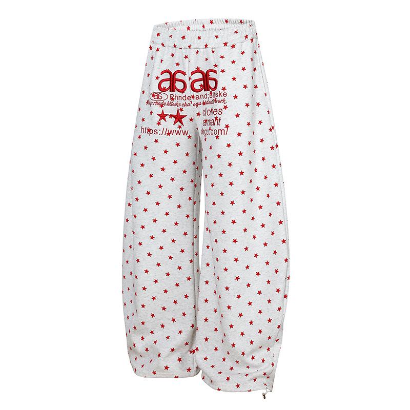 American Trendy Unisex Star Print Wide-Leg Pants with Embroidered Letter Design