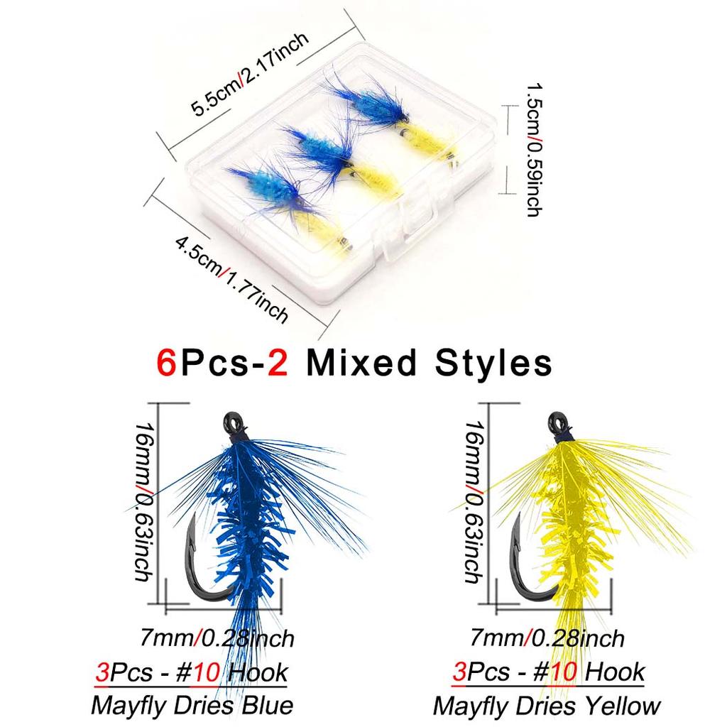 Trockenfliegen Angelköder-6/10Stk.-Blau&Gelb Maifliege Trockenfliegen Kristallfaden Seidenkörper Köder Größen#10 Für Forelle/Barsch/Karpfen usw. im Süßwasser oder Salzwasser.