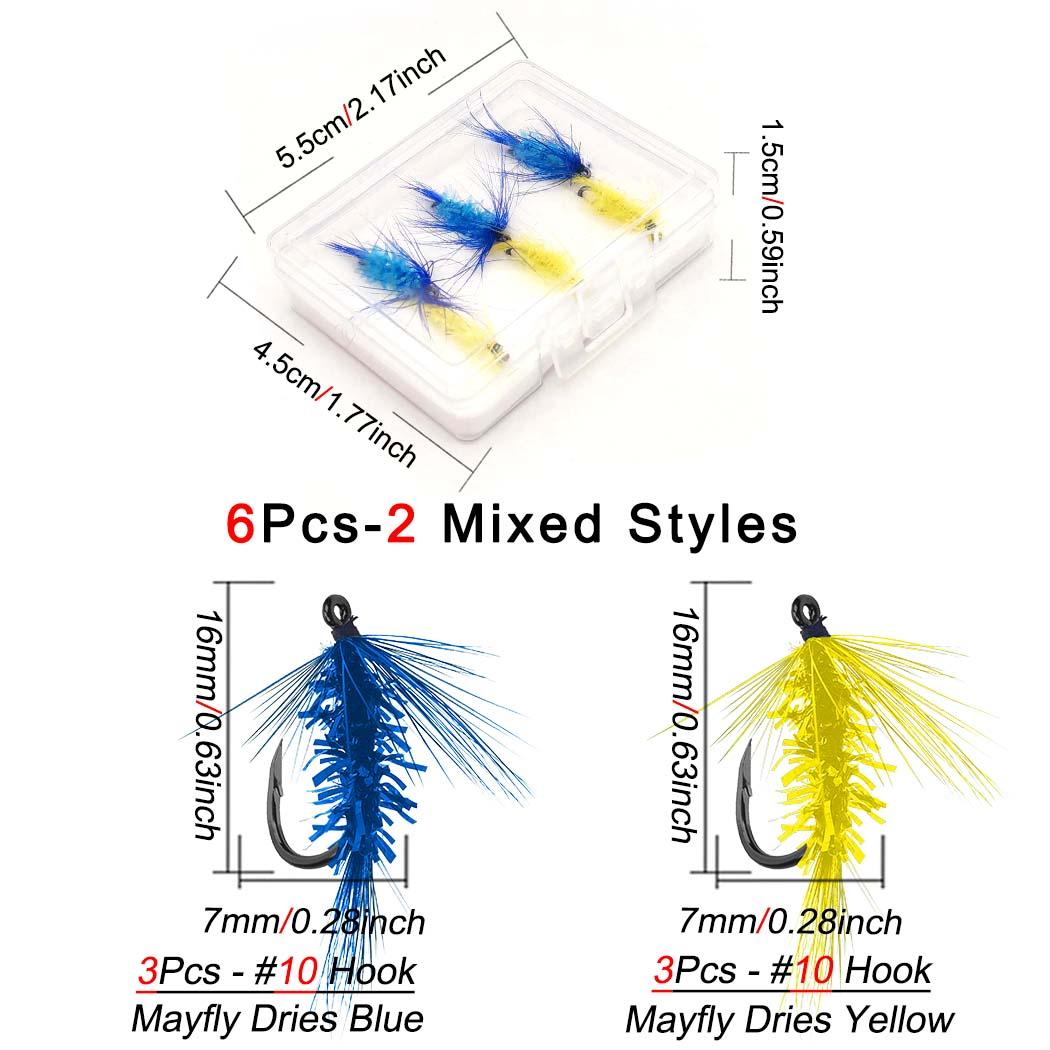 

Сухие мушки для рыбалки - 6/10 шт. - сине-желтые сухие мушки-мушки с шелковым телом Crystal Flash, размеры № 10 для ловли форели, окуня, карпа и т. д. в пресной или соленой воде. (6Pcs)Blue&Yellow