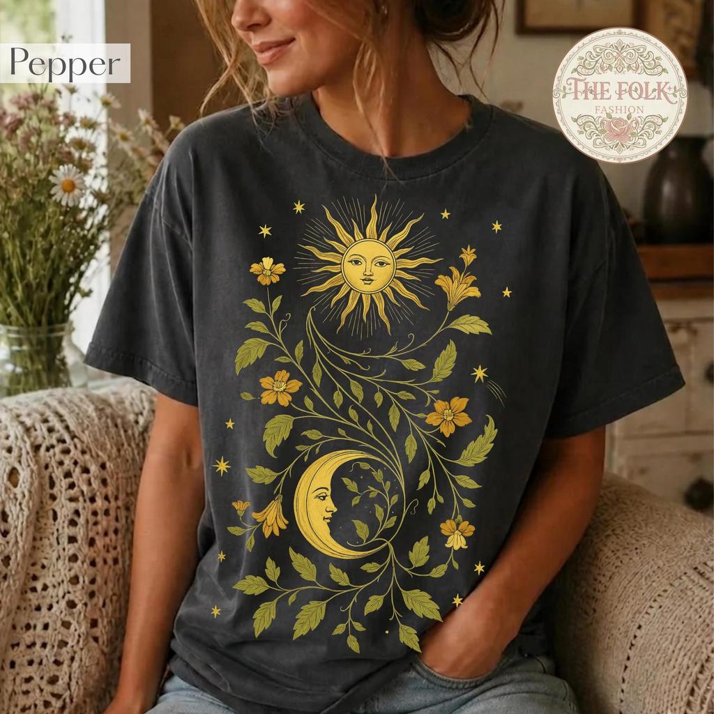 Sun and Moon Shirt, Celestial Vintage Tee, Cottagecore Flower Tshirt, Mystic Boho Tee, Botanical Floral Graphic Tee, Sun And Floral T Shirt