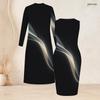 Damen Übergröße Zweiteiliges Outfit Langärmeliger Offener Cardigan Ärmelloses Bodycon Kleid mit Aufdruck