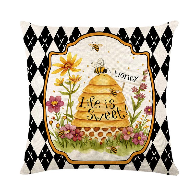 Bee Day Pillow Cover Living Room Sofa Cushion Cover Linen Printed Bedroom Pillow Cover Plants and Flowers