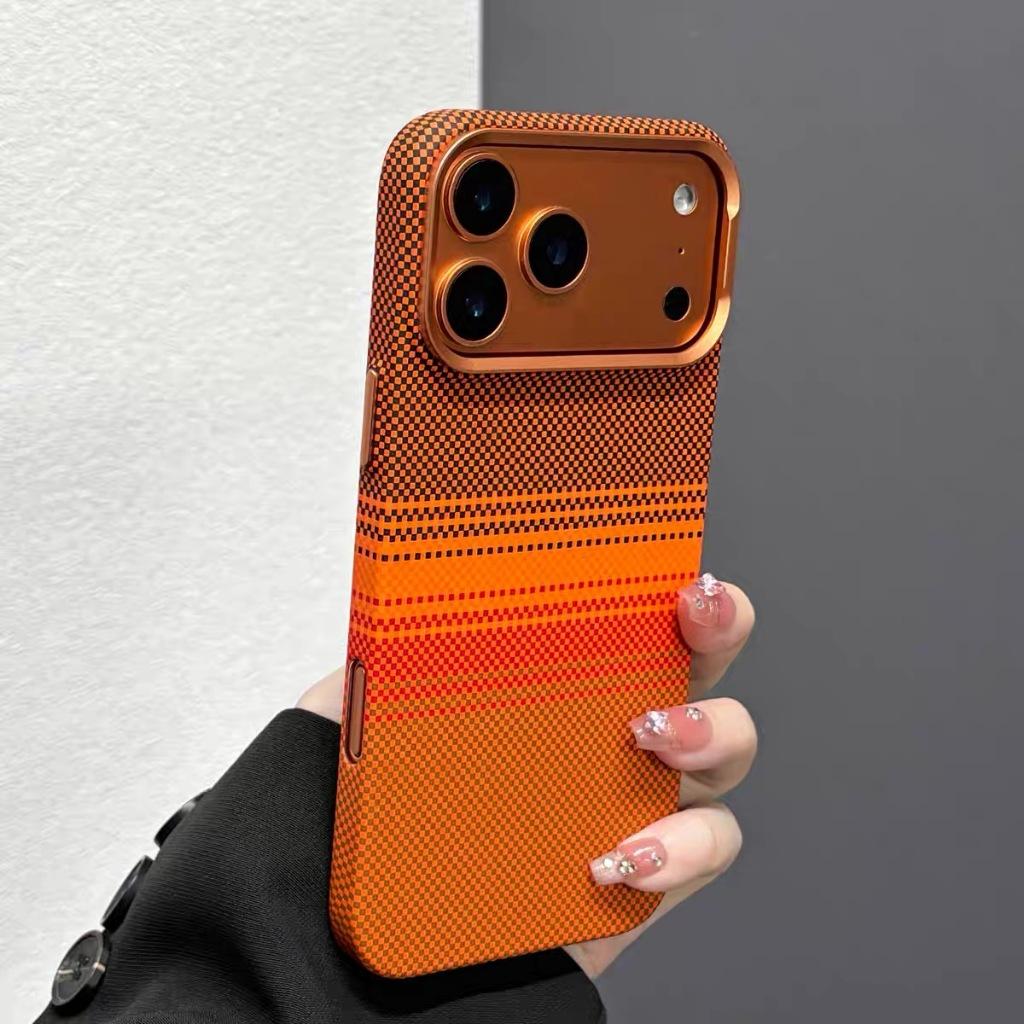 Orange Carbon Fiber Leather Strong Magnetic Case For iPhone 14 15 16 17 Pro Max Air Metal Buttons Camera Protection Hard Cover
