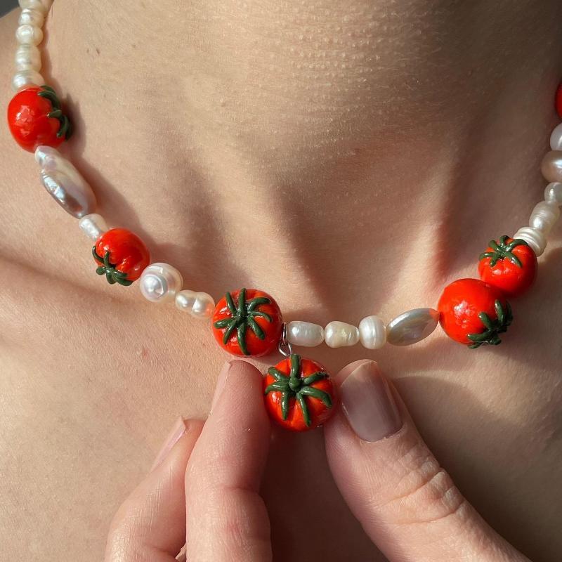 Y2K Vintage Fruit Beaded Necklace Handmade Blueberry Lemon Decor Lightweight Summer Jewelry for Women
