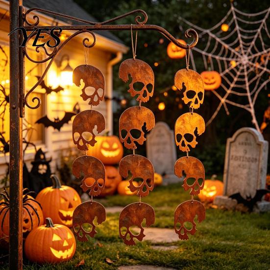 Retro Halloween Decoration Skull Hanging Ornaments, Metal Garden Sign, Decorative Fun Yard Sign Shaped Tags for Indoor Outdoor Decor Festive