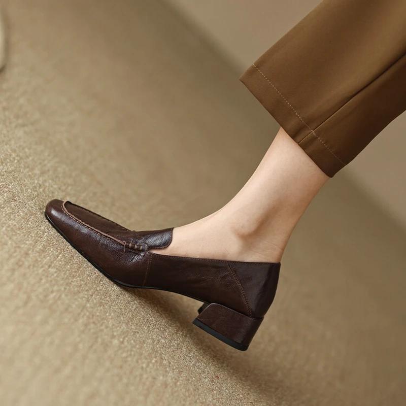 Fashion NEW Spring/Autumn Women Loafers Square Toe Chunky Heel Shoes Elegant Genuine Leather Shoes for Women Retro Sheepskin Women Pumps