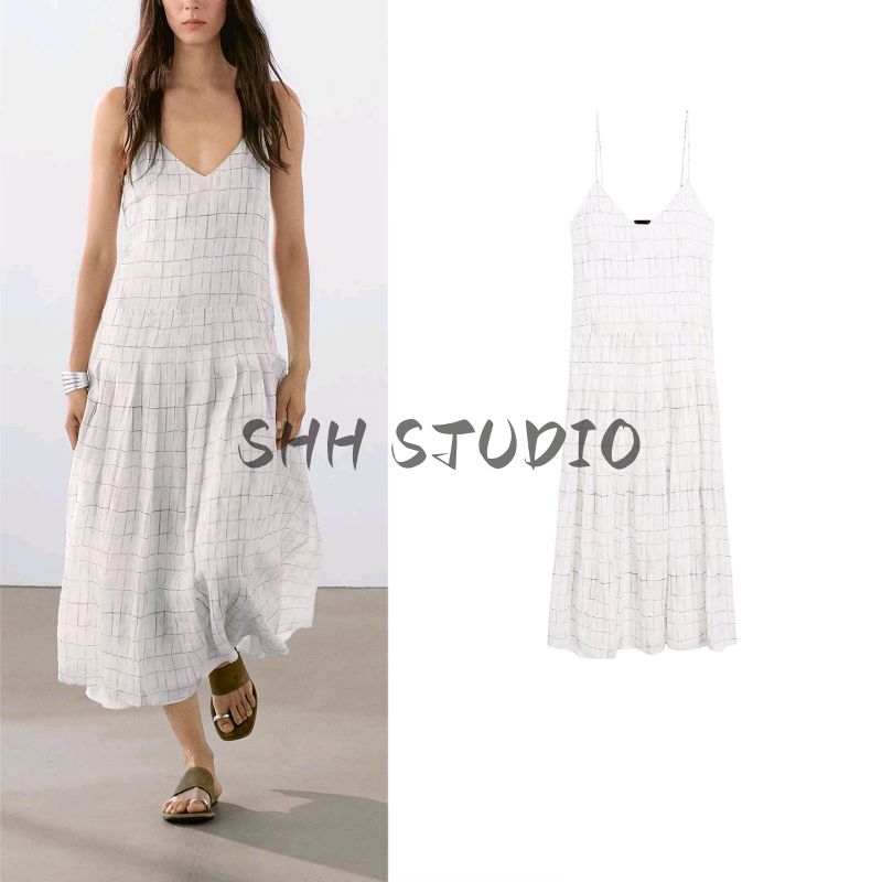 MD Summer New Arrival Women's Clothing Island Vacation Style Gentle French Plaid Mid-Length Sling Dress 6606865