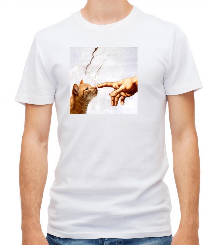 Michelangelo Creation of Adam Hands Cat, Short Sleeve  White T Shirt Men F030