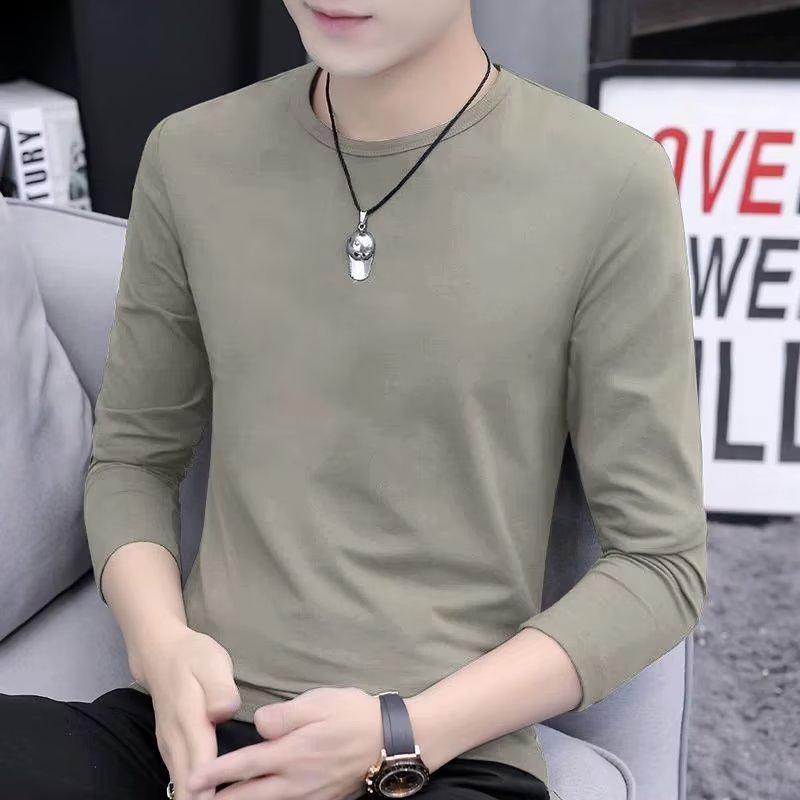 Men's Crew Neck Long Sleeve Slim Fit Pullover – Plus Size Solid Color Casual T-Shirt for Spring & Autumn.