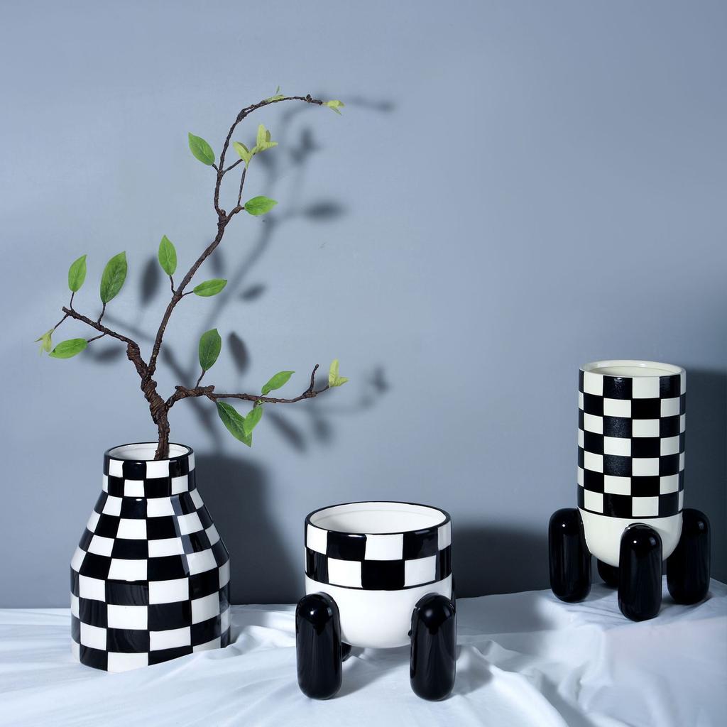 Geometric Black and White Checkered Ceramic Vase Tall Flowerpot Terrarium Flower Vase Home Decoration Accessories