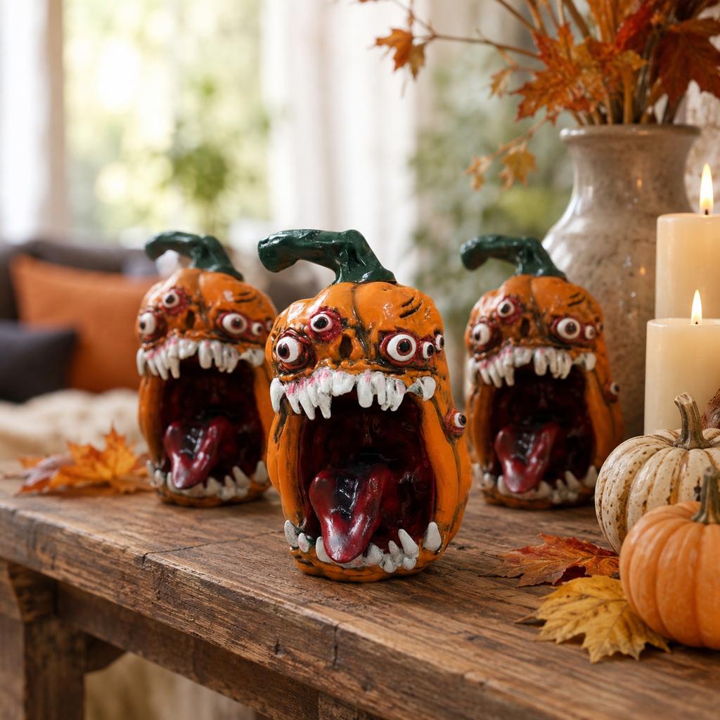 Hars Pompoen Beeldje met Uitgestoken Tong voor Halloween Huis Tafelblad Decoratie