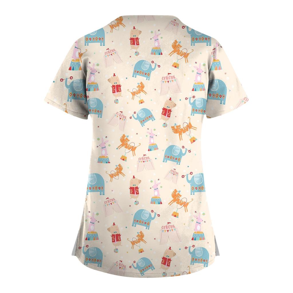 Plus Size Cute Printed Scrub Working Uniform Tops For Women Cross V-Neck Short Sleeve Fun T-Shirts Workwear Tee With Pockets