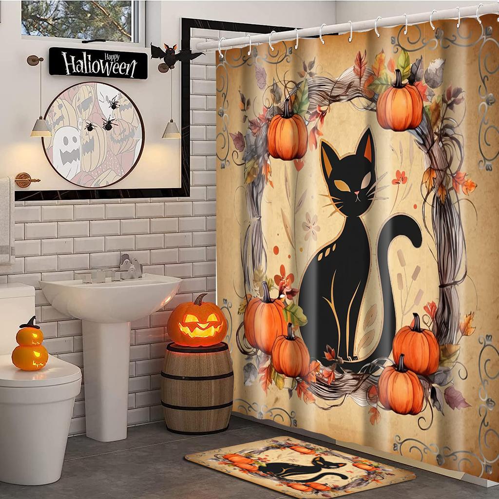 2025 Halloween Thanksgiving Witch Hats Pumpkin  Pattern Bathroom  Shower Curtain  With 12 Hooks Bathroom Decor and Accessories