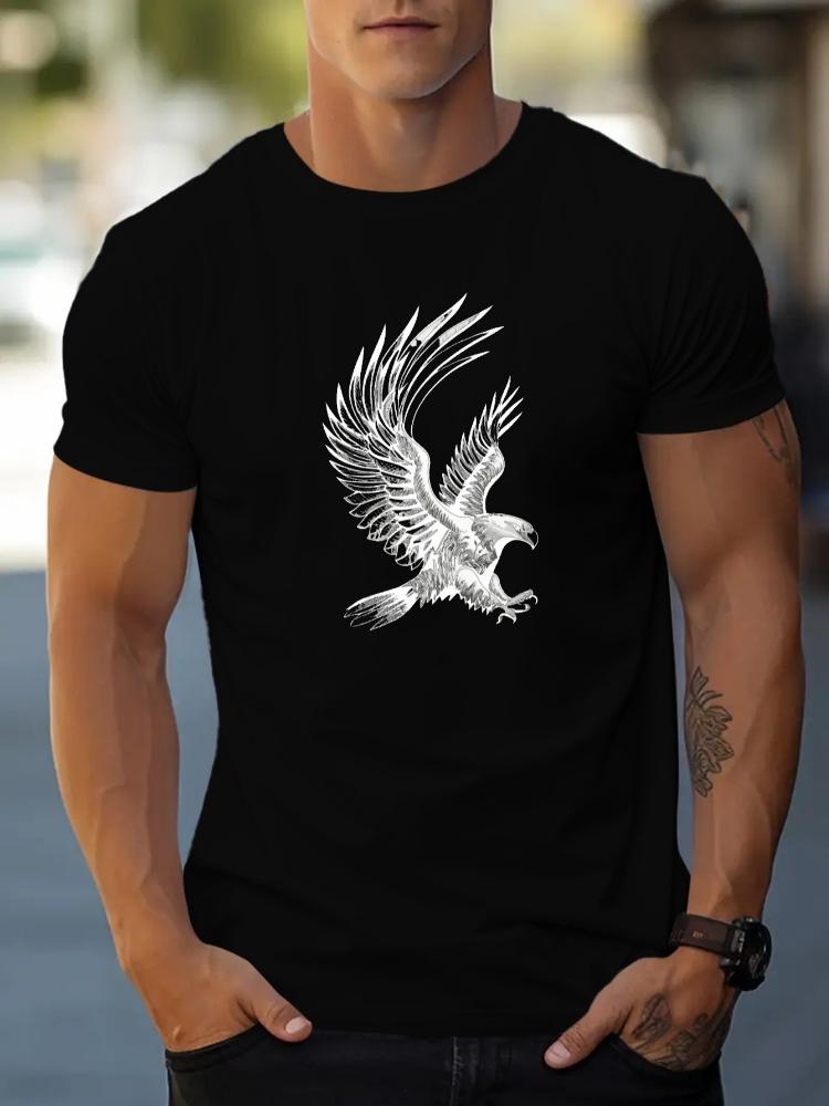 Eagle print men's 100% cotton short sleeve summer casual T-shirt.