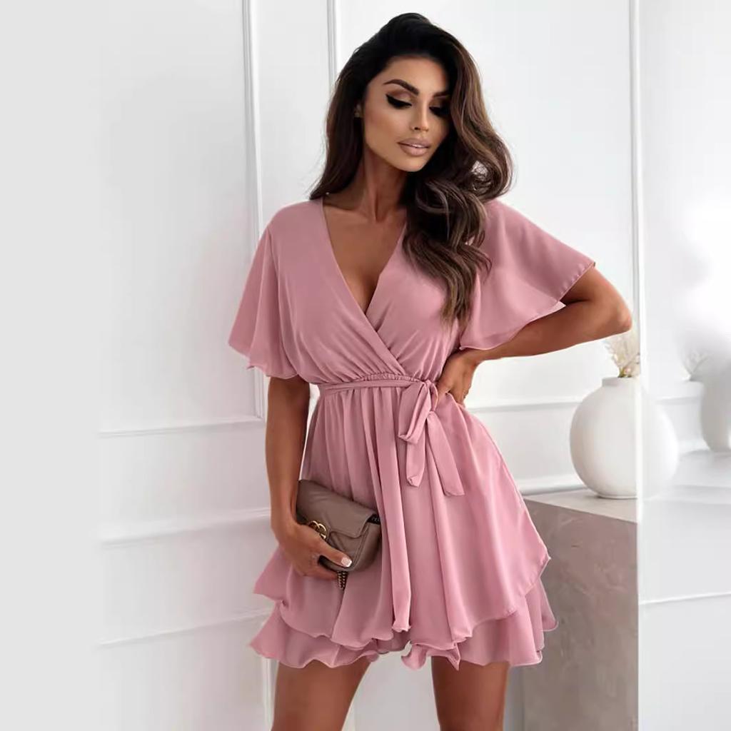 Women's Summer Sexy V-neck Cross Tie Mini Skirt Chiffon Dress