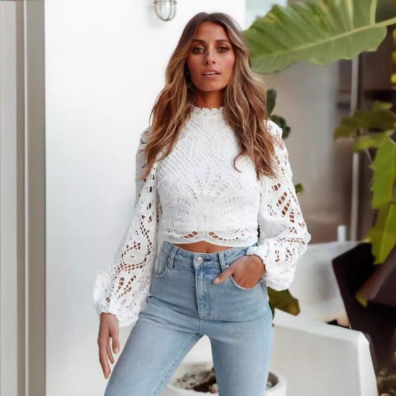 

Весна Осень Сексуальная Полая Длинный Рукав Молния Однотонный Цвет Кружевная Рубашка Для Женщин Пуловеры и Длинные Рукава (Женский) L белый