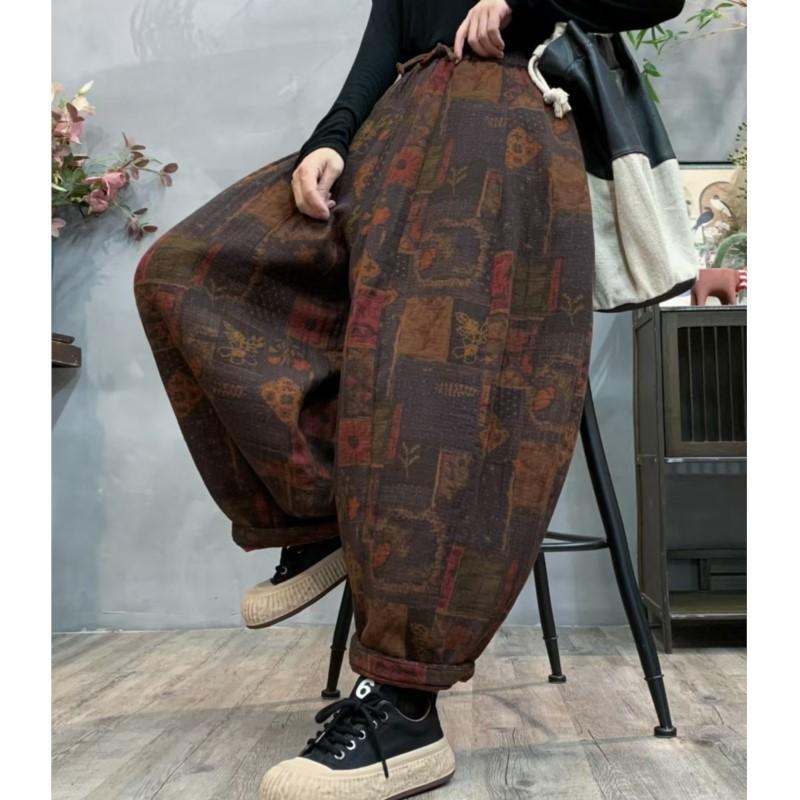 Johnature Pantalones harén con estampado de estilo vintage para mujer, pantalón holgado, informal, con cintura elástica, estilo chino, moda de invierno