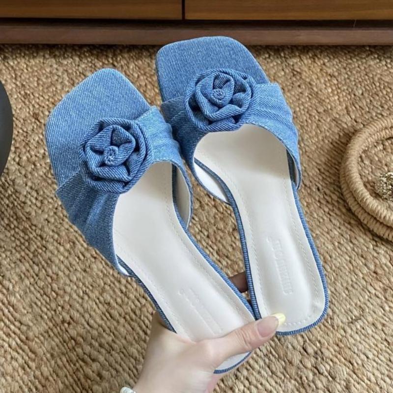 Fashion Summer Fashion Pleated Floral Slippers Women Sexy Square Toe Kitten Heel Slide Sandals Elegant Comfortable Brand Designer Shoes