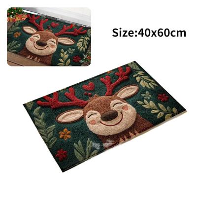 Fluffy Christmas Deer Microfiber Bath Mat Quick Dry & Absorbent Floor Mat Festive Holiday Design With Red Berries & Green Leaves