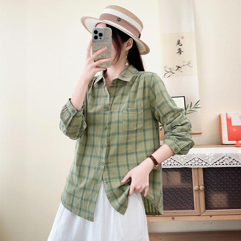 Japanese retro literary and artistic style double-layer cotton yarn plaid shirt spring and autumn new pure cotton loose and versatile long-sleeved 