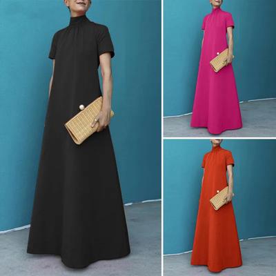 Long Women Dress Stand Collar A-line Solid Color Short Sleeves Plus Size