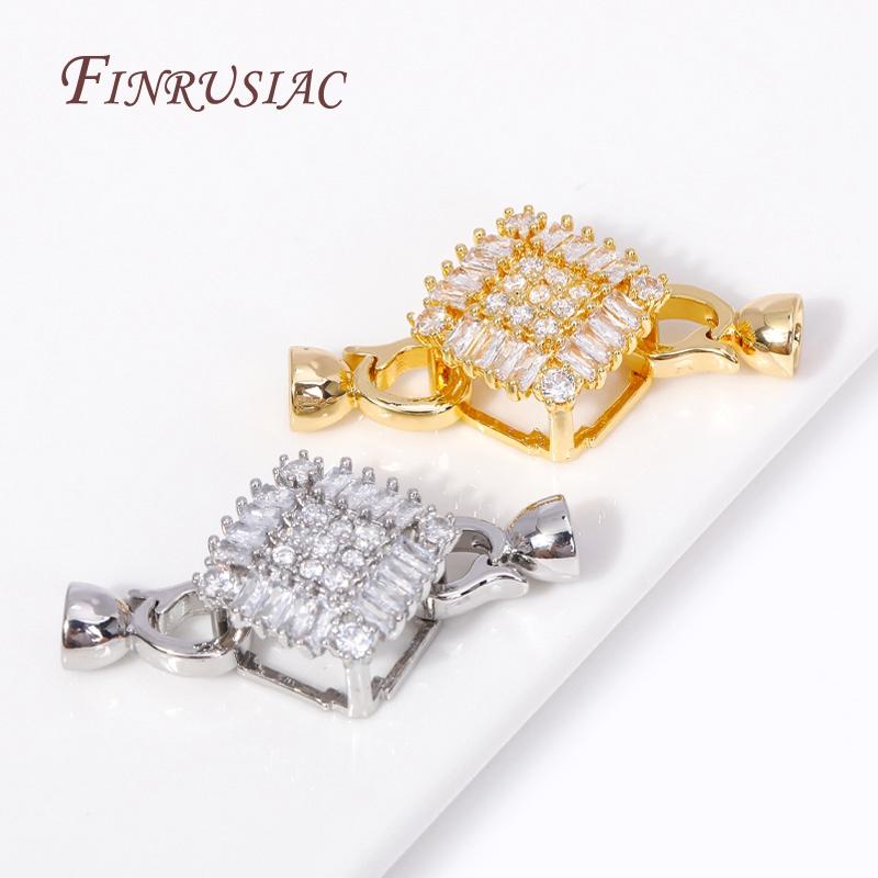 18K Gold Plated Inlay Zircon Square Connector Lock For Pearl Necklace Making,High Quality Beads End Cap Clasp Fastener