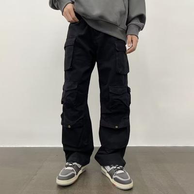 Unisex Cargo Pants Loose Adjustable Waist Solid Color Wide Leg Straight Multi Pockets Streetwear Outdoor Travel