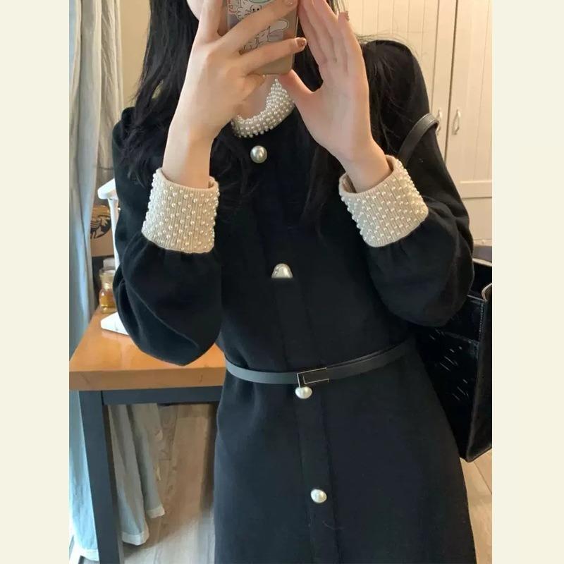 Small Dress Can Usually Be Worn Light Luxury Niche Coffee Break Black Knitted Bead Dress Women's Autumn and Winter