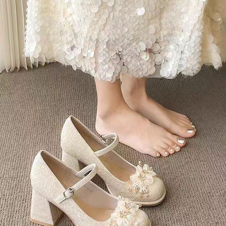 Elegant new Mary Jane high heels women's national style with cheongsam horse dress wedding shoes small bridesmaids thick heels single shoes