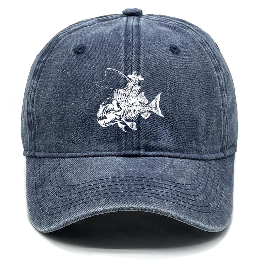 Human Skeleton and Fish Print Snapback Sun Hat, Fishing Rod Mesh Hat Fit Hip Hop Distressed Raw Brim Adjustable Baseball Hat